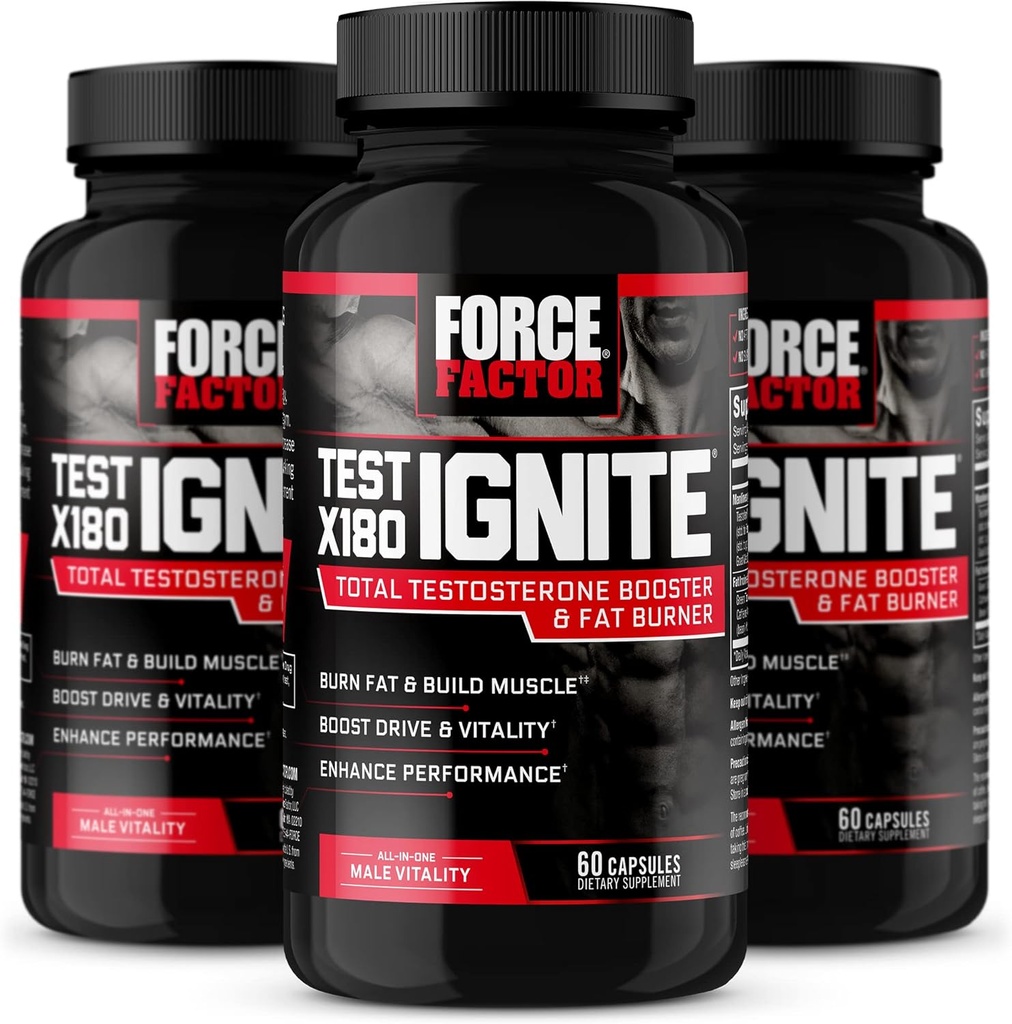 Prueba de FACTOR X180 Ignite, Booster de Testosterona &amp; Fat Burner para Hombres, suplemento de testosterona para ayudar a construir músculo, aumentar la energía y la vitalidad y el rendimiento, 60 Cuenta (Pack de 3)