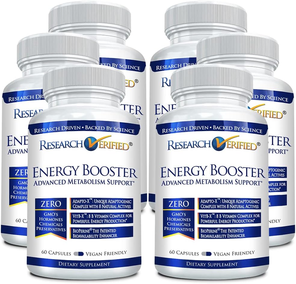 Research Verified Energy Booster - Natural Energy Support - 360 Capsules - Caffeine Free - B Vitaminas y Adaptógenos - 6 Month Supply