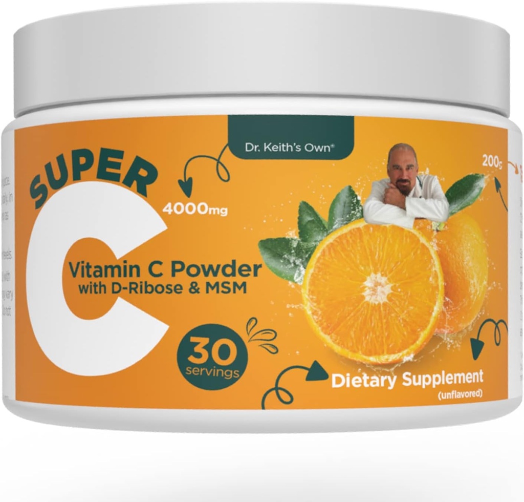 Vitamina C 4000mg con D-Ribose, Glycine, MSM-Highly Absorbable, Stomach-Friendly, Collagen Boost, Immune Support-Unflavored, 200 Grams (30 Servings)