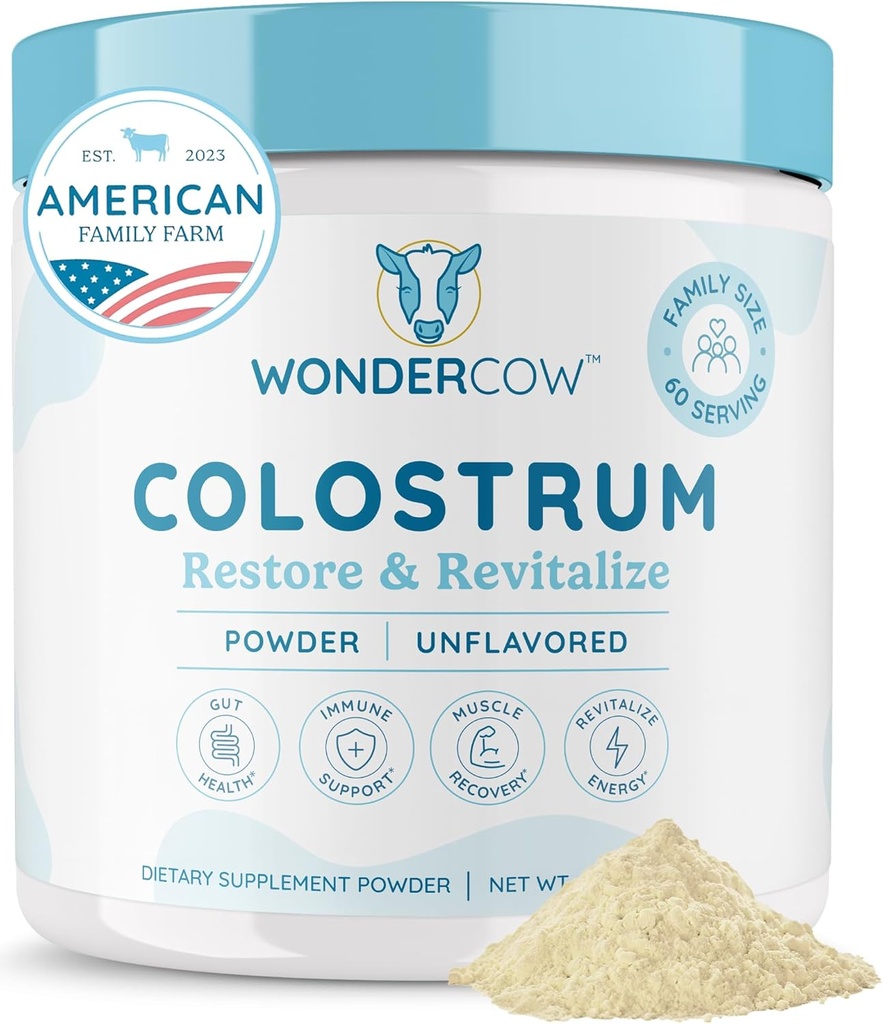 WONDERCOW Colostrum Supplement Powder for Gut Health, Immune Support, Muscle Recovery & Wellness ← Natural IgG Puro Bovine Colostrum Superfood, Unflavored, 60 Servings