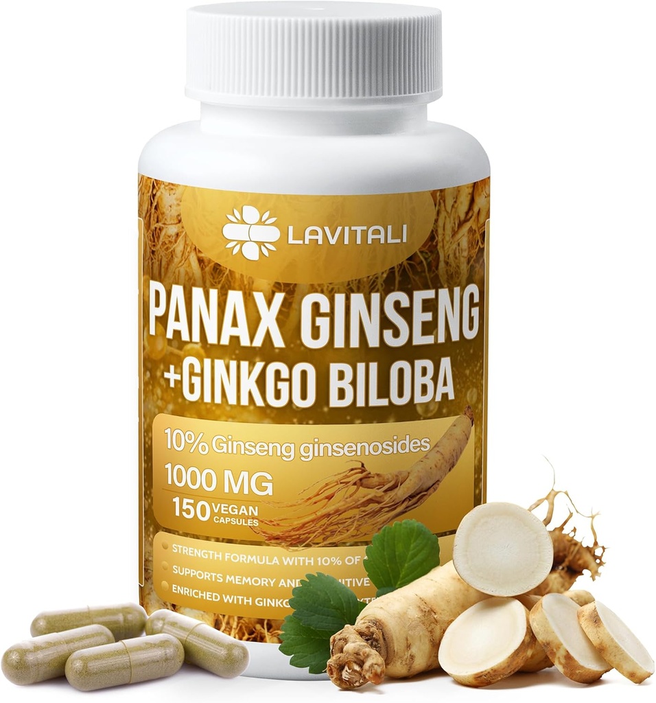 Ginseng & Ginkgo Biloba 150 Veggie Capsules, Energy Ginseng Root Extract Powder, with Ginkgo Biloba Extract, 100% Natural & Non-GMO, Vegan, Gluten Free, Dairy Free