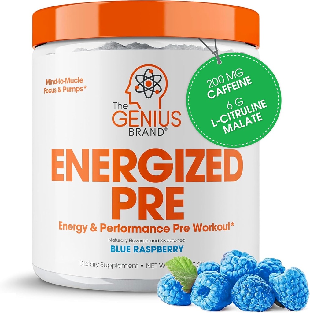 Genius Energized Pre Workout Powder – Caffeine Infused Pre-Workout Booster Suplemento con Beta Alanine & Alpha GPC, Sin Sweeteners artificiales o Dyes - 200mg Caffeine, 20 Servings, Blue Raspberry
