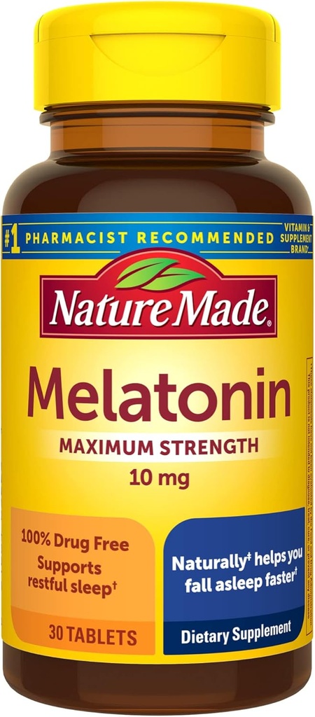 Nature Made Melatonin 10mg Extra Strength Tablets, Dietary Supplement for Restful Sleep, 30 Cuenta, 30 Day Supply