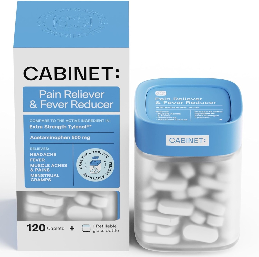 Gabinete: 500 mg de acetaminofén para alivio de dolor de cabeza, toallas, garganta de dolor y reducción de fiebre, incluye 1 Jar de medicina repetible, 120 Tabletas (Starter Kit)