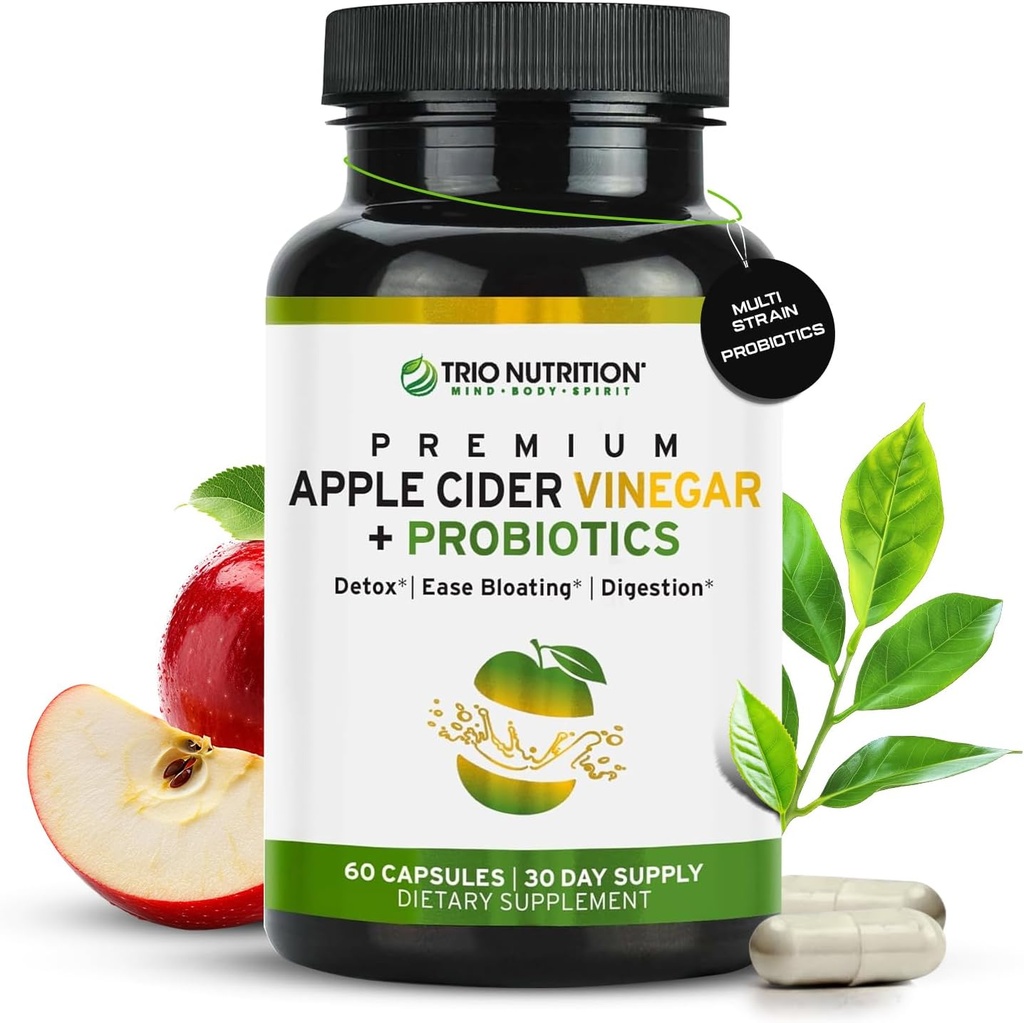 TRIO NUTRITION Cápsulas de vinagre de sidra de manzana con probióticos multiestreno - Cápsulas ACV libres de azúcar natural con la madre para la salud de las tripas, inmunidad, limpieza corporal &amp; pH saludable - Metabolismo Booster*