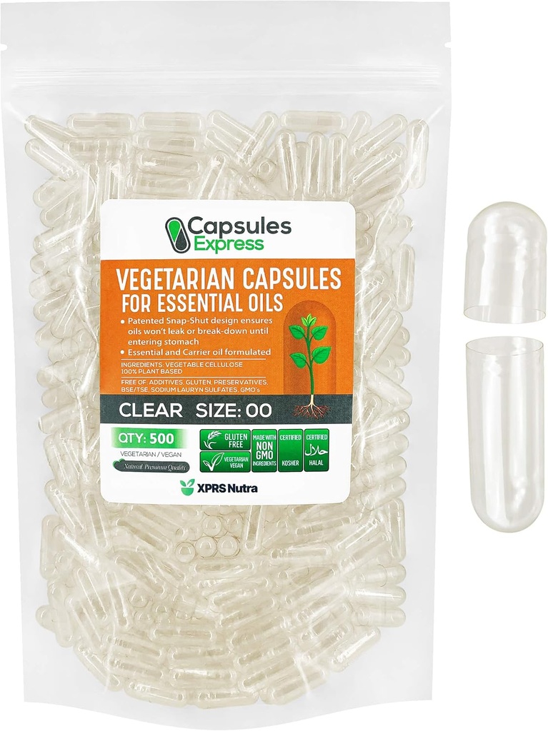 XPRS Nutra Size 00 Empty Vegan Capsules - 500 Conteo de cápsulas de verduras claras para aceites esenciales - Empty Vegetable Caps - DIY Filling Works with Most Oil