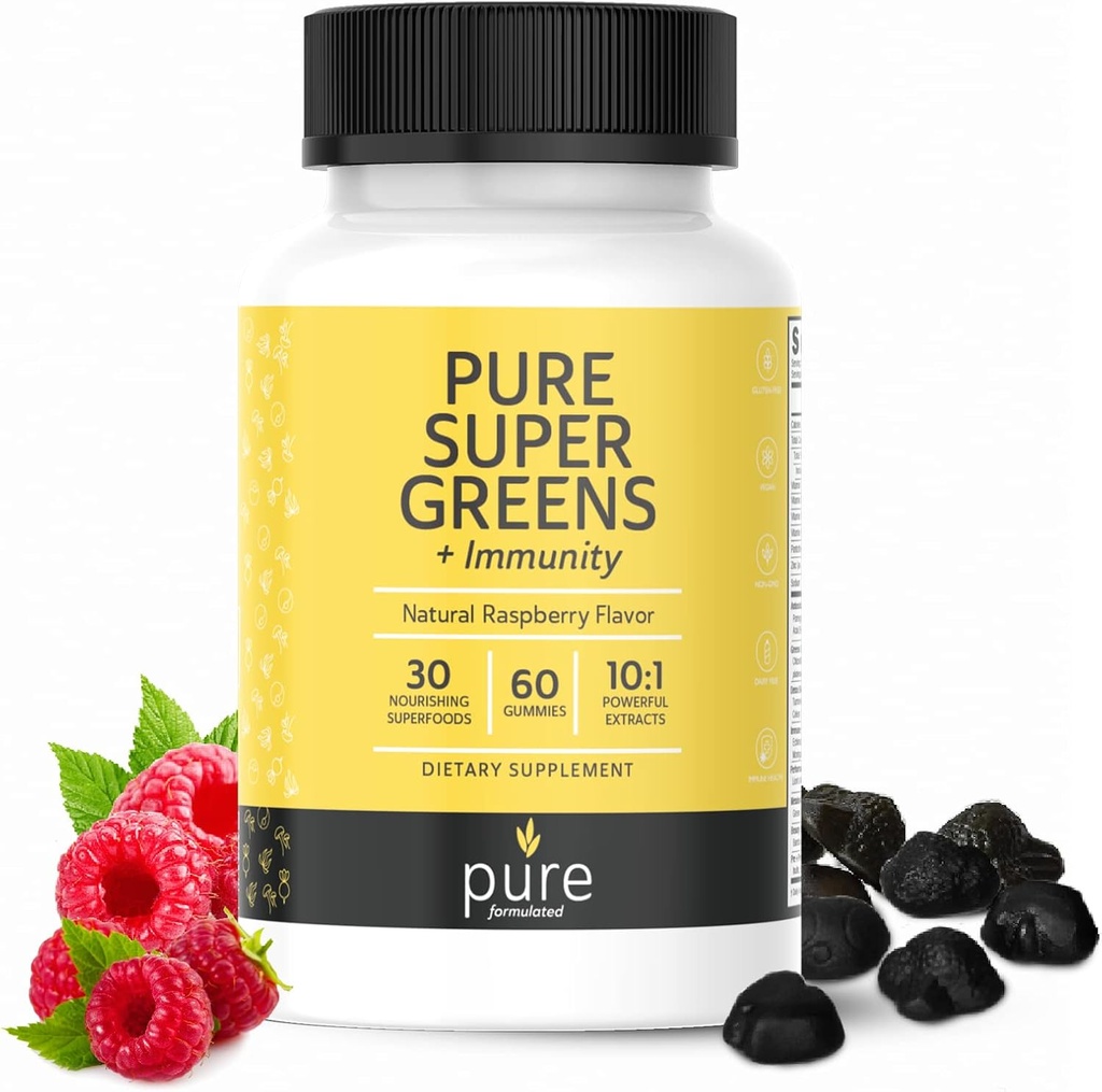 Super Greens Multivitamin Gummies para adultos y niños Immune Support Gummies - 30 Superfoods Vegan Suplementos - Natural Raspberry Flavor (60 Conde)