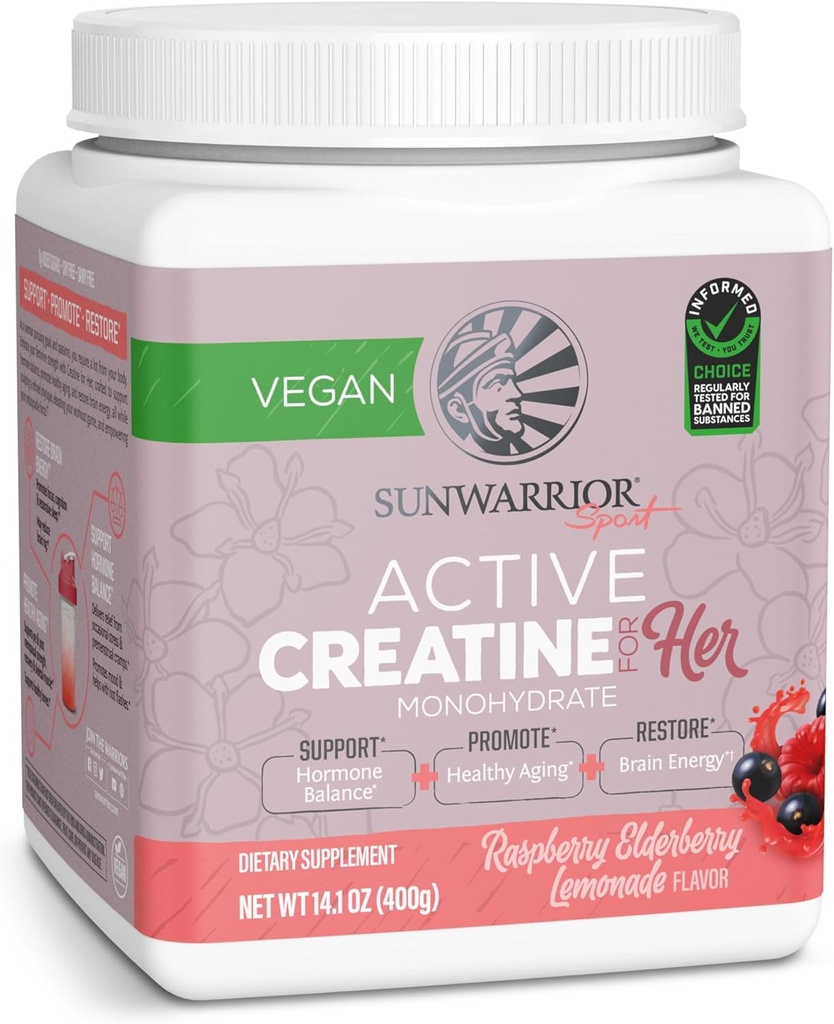 Sunwarrior Creatina for Women Monohydrate Powder Micronized Pre Workout Recuperación Suplemento Soporte Muscle Building Strength Training Cognition ← Vegan y Mezcla fácilmente 50 Servimientos, Raspberry Lemonade
