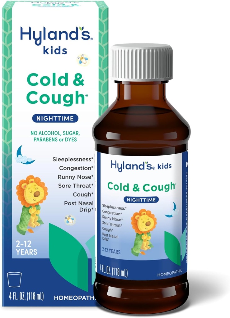 Hiland's Kids Cold and Cough, Nighttime Cough Syrup Medicine for Kids Ages 2 and up, Decongestant, Sore Throat relief and Sleeplessness, Relief of Common Cold Symptoms, 4 Fl Oz