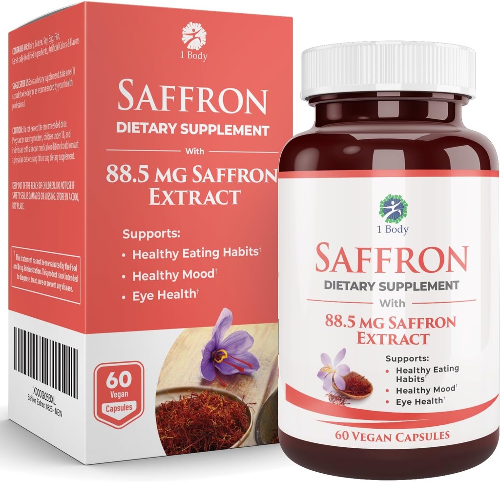 1 Body Saffron Extract Supplement, 88.5 mg Safranal, Antioxidante y Mood Support, Vegetarian Capsules