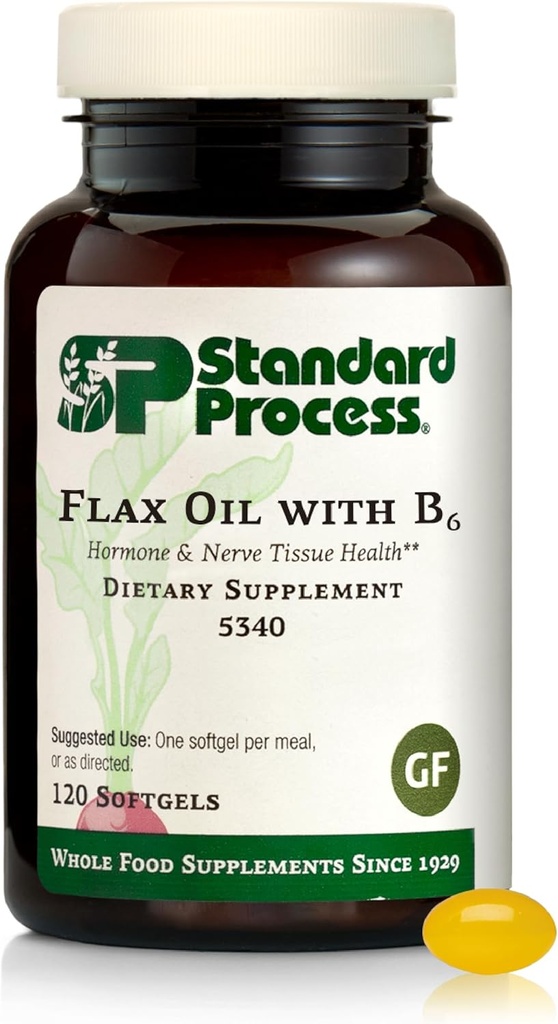 Standard Process Flax Oil con B6 - Suplemento para la Hormona & Nerve Tissue Support - Supports Brain, Heart & Skin Skin - Gluten-Free, Non-Dairy & Non-Soy - 120 Softgels (120 Servings)
