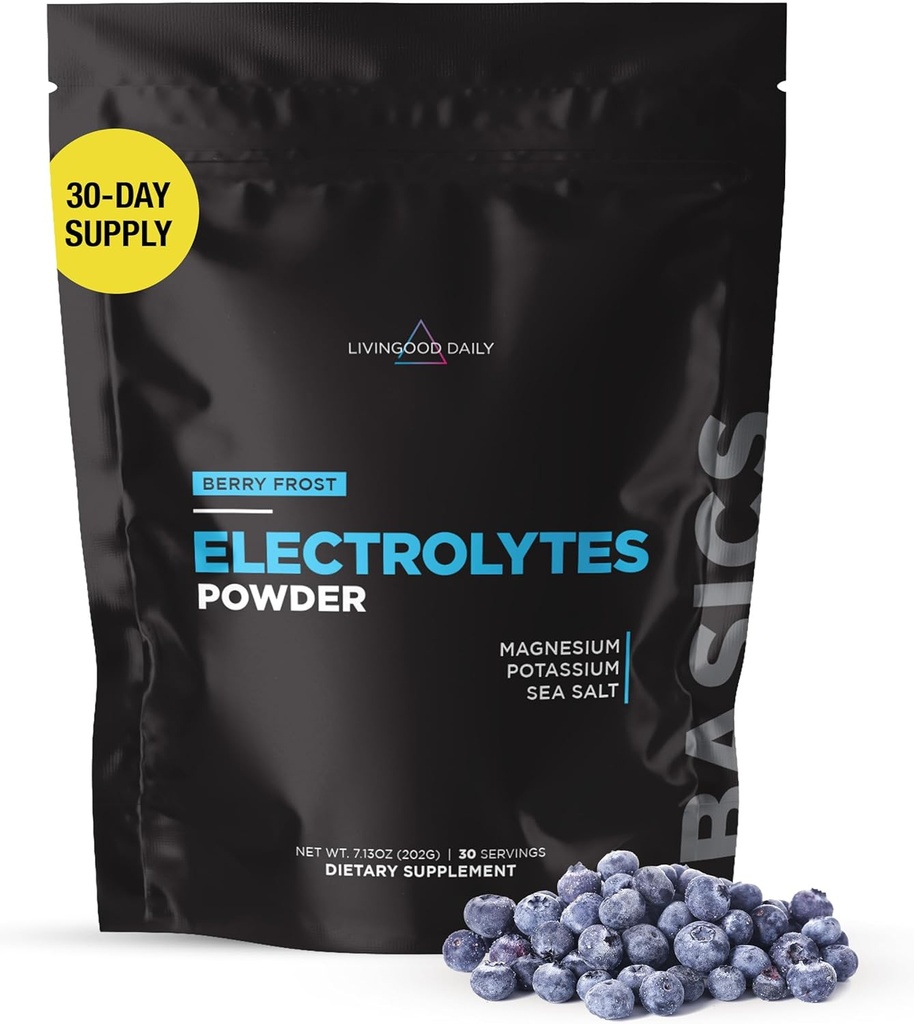 Livingood Daily Electrolytes Powder, Electrolytes Hydration Drink Mix with Vitamin C, Magnesium, Taurine &amp; Sea Salt, Electrolyte Supplement for Energy & Hydration, Keto, Berry Frost Flavor, 30 Srvgs