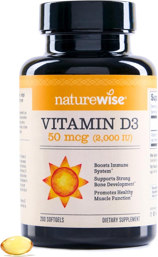 NatureWise Vitamin D3 2000iu (50 mcg) Suministro de 200 días para soporte inmunitario, función muscular saludable y salud ósea - no GMO, sin gluten en aceite de oliva virgen extra orgánico, (Mini Softgel), 200 Conde