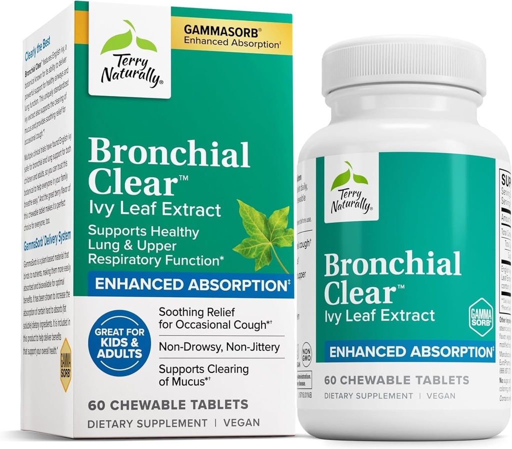 Terry Naturalmente Bronchial Clear Ivy Leaf Extract Chewable - Lung &amp; Respiratory Health Support Supplement - Dietary Supplement with English Ivy Leaf Extract - 60 Chewable Tablets (60 Servings)