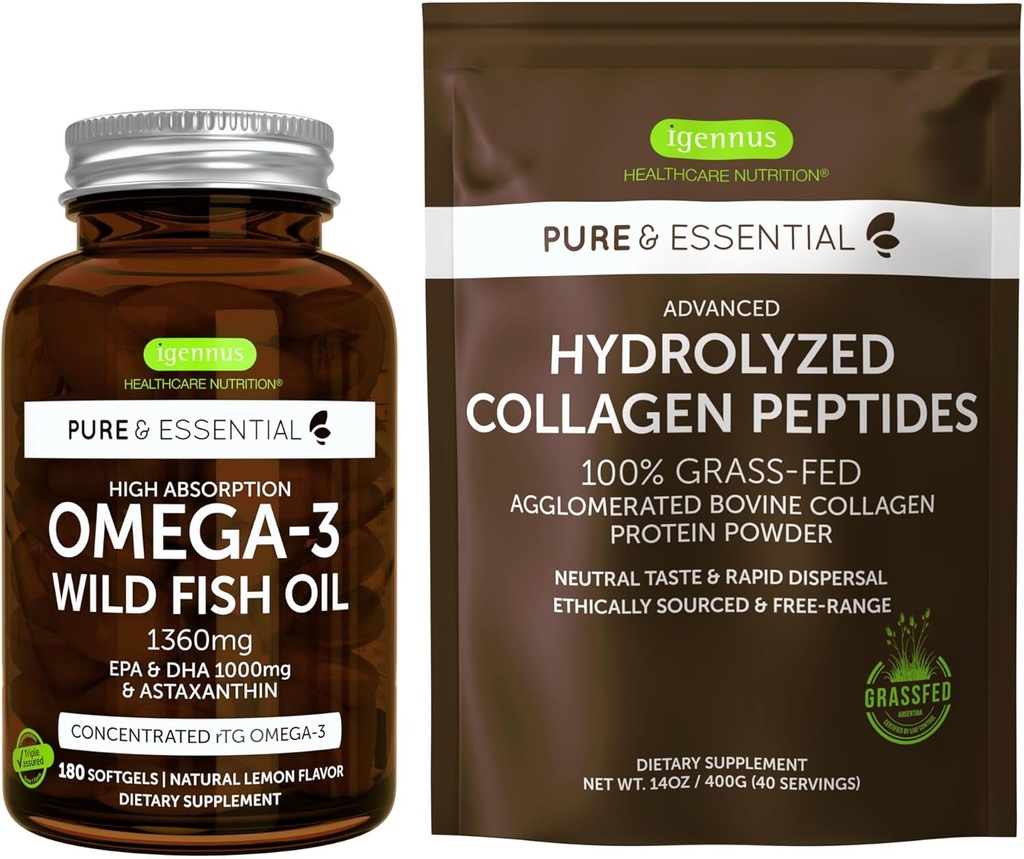 Alta Absorción Omega-3 Aceite de pescado silvestre 1360mg &amp; Avanzado Colágeno Péptidos de Hidrolyzed Bundle, 1000mg EPA & DHA con Astaxanthin & 100% Gras Fed Bovine Collagen Protein Powder, por Igennus