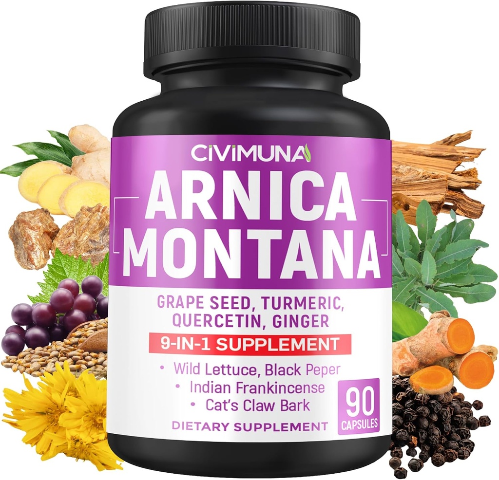 Arnica Capsules con Arnica, Grape Seed, Turmeric y Más - 90 cápsulas para 3 meses de suministro