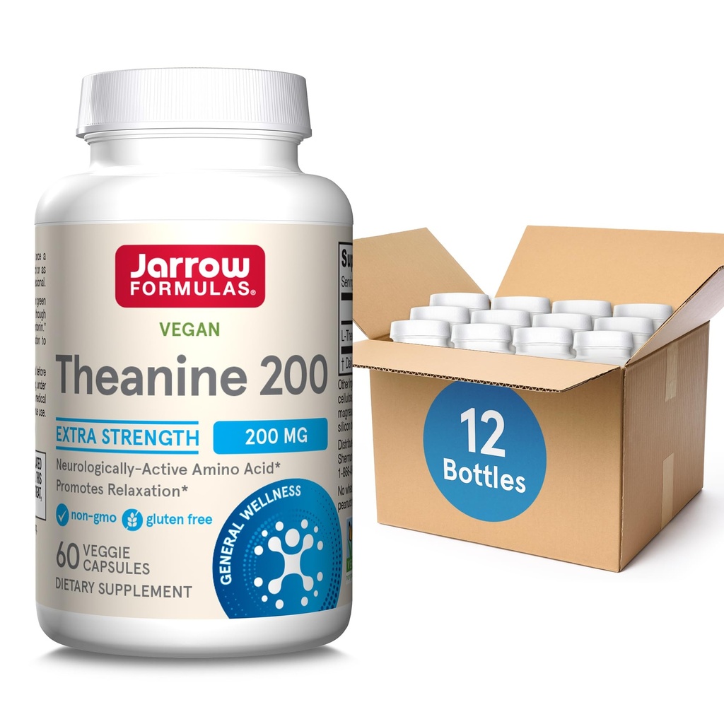 Jarrow Formulas Extra Strength Theanine 200 mg, Suplemento dietético que promueve la relajación, suplemento de aminoácidos para el apoyo a la relajación, 60 cápsulas de verduras, 60 días de suministro, paquete de 12