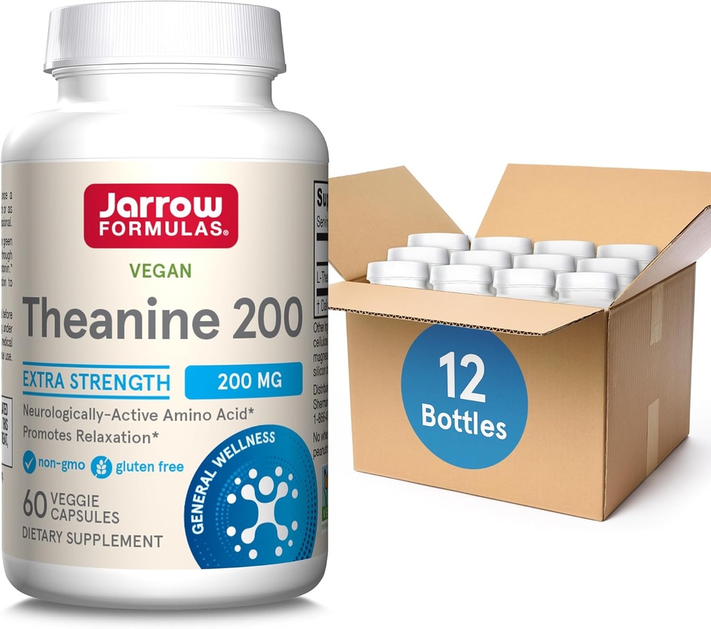Jarrow Formulas Extra Strength Theanine 200 mg, Suplemento dietético que promueve la relajación, suplemento de aminoácidos para el apoyo a la relajación, 60 cápsulas de verduras, 60 días de suministro, paquete de 12