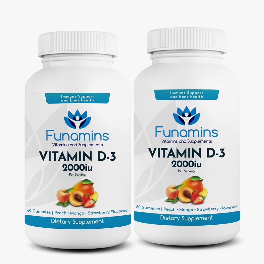 Vitamina D3 Gummies, 2-Pack, 60 Cuentas Cada, 2000iu por Serving, apoya el sistema inmunológico y la salud ósea; para adultos niños; Peach, Mango, sabores a fresa