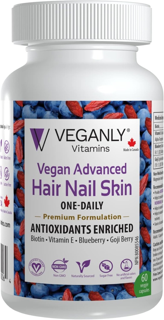 Vegan Advanced Hair Nail Skin One-Daily, 60 Veggie Caps -Antioxidante Enriquecido. Mejorar el cabello, mejorar la salud de la piel y la salud de la uñas - Planta basada en biotina &amp; Superalimentos naturales