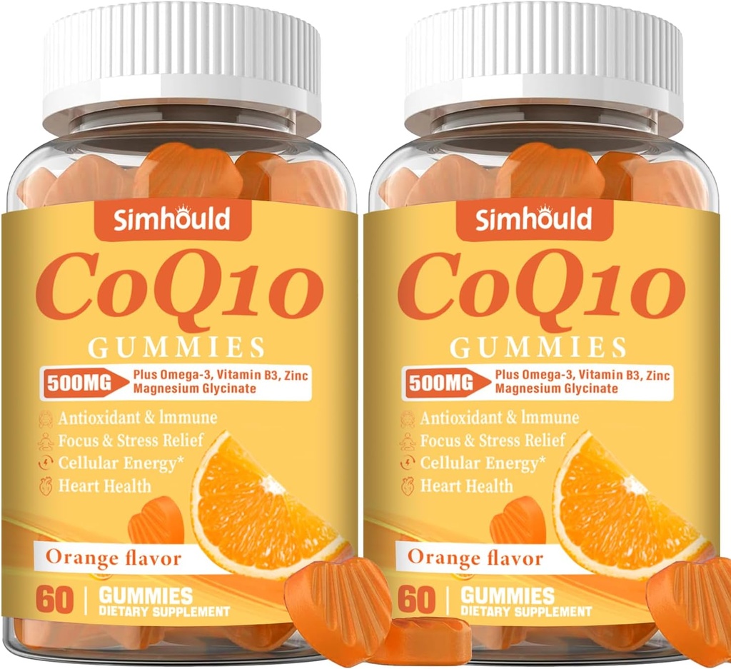 2 Pack CoQ10 500MG Gummies - Plus Omega-3, Magnesio, Vitamina B3 & Zinc - 3X Mejor Absorción Coenzima Q10 Suplementos para la Salud del Corazón, Energía Celular & Antioxidante, No GMO 120 Cuentas