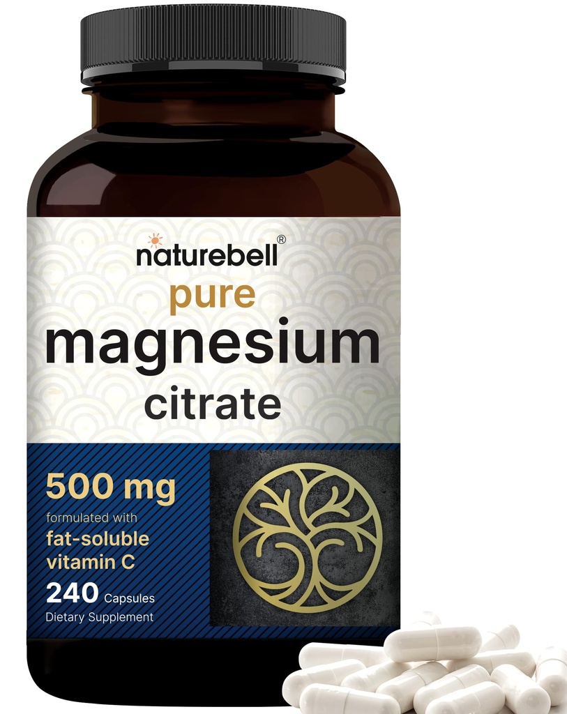 NatureBell Magnesium Citrate 500mg, 240 Capsules | High-Purity Elemental Form | Heart, Muscle & Digestion Support | Non-GMO, Gluten-Free
