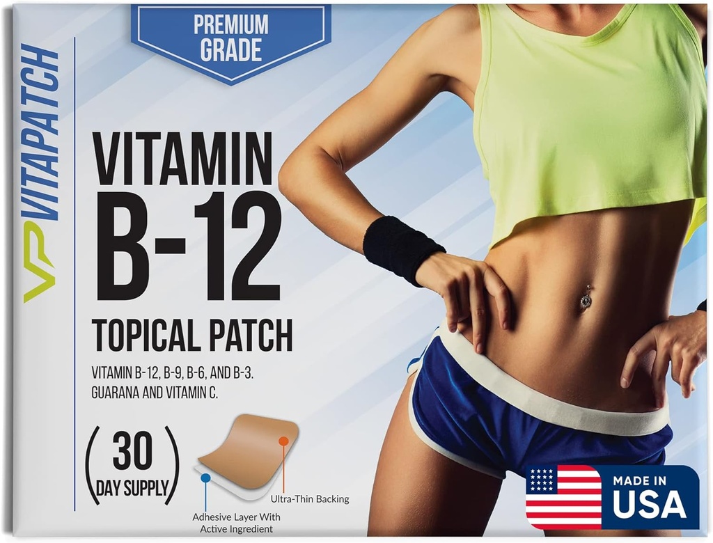 Premium Grade B12 Patches 30 Day Supply B12 Patch – Made with Vitamin B12 Methylcobalamin for Energy & Vitamin Guarana - 100% Made in The USA