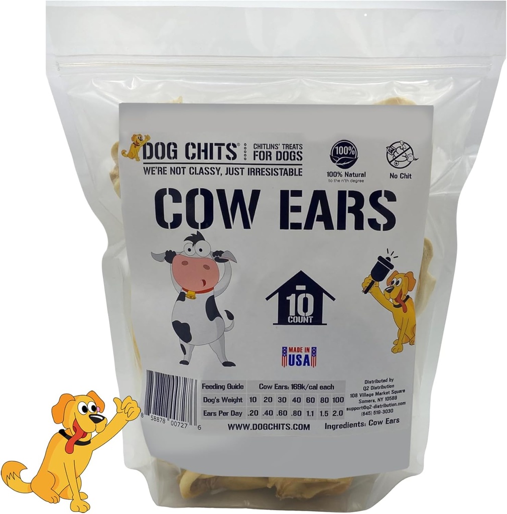 Perro Chits Cow Ears Dog and Puppy Treats - All Natural Grain and Chemical Free Training Chews - High Protein and Low Fat - Supports Dental Health - Made in The USA - 10 Count