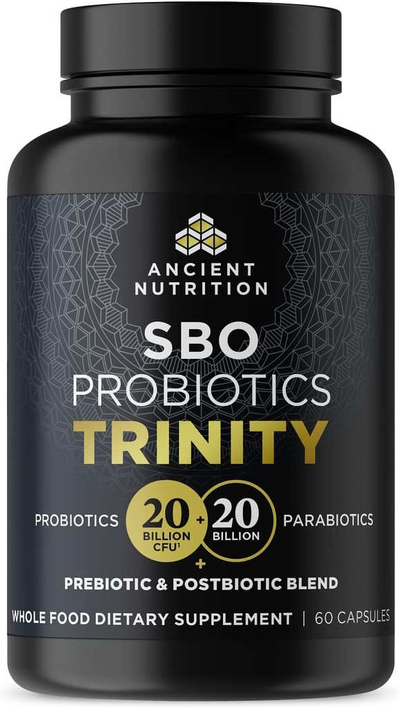 Nutrición antigua SBO Probiótico Trinity Daily Care, Probióticos para la Salud Digestiva, 40 Billion Blend de Prebióticos, Probióticos, Postbióticos y Parabióticos Reduce el Bloating ocasional, 60 Conteo