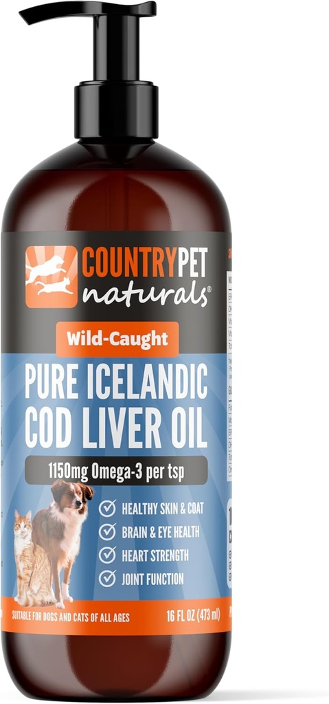 Wild Caught Pure Cod Liver Oil 16oz Highest Omega 3 1150mg/tsp, Highest Purity, High EPA/DHA, Vitamin A & D - Reduces Itching, Healthy Skin & Coat, Mobility, BPA-Free, Pump incl.