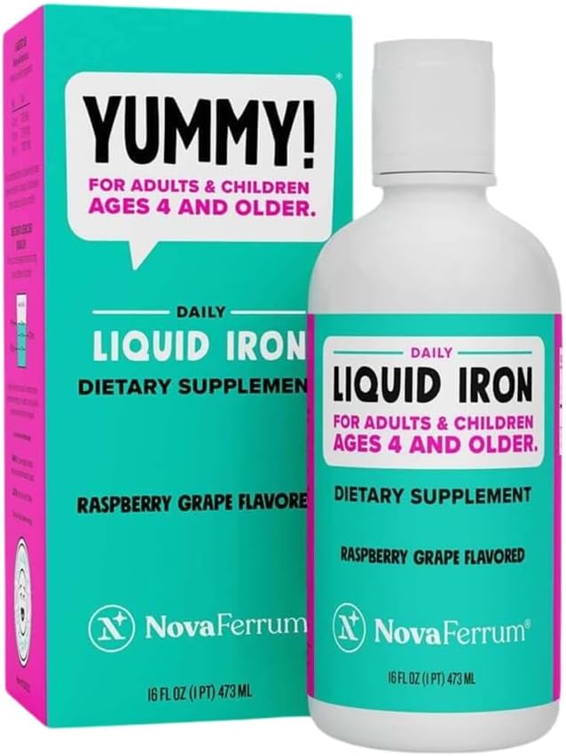 NovaFerrum Yummy 16 Fl Oz ANTE Líquido Suplemento de Hierro para las edades 4 &amp; Hasta 18mg de Iron/Tbsp ANTE Gluten Gratis ← Sugar-Free TEN Raspberry Grape
