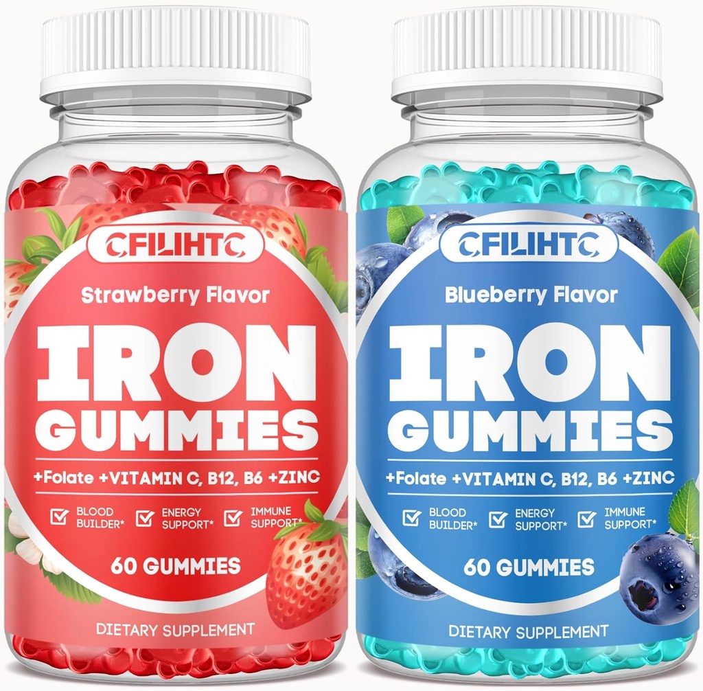 2 Mangas de hierro para adultos &amp; niños suplemento de hierro frambuesa Blueberry Flavor