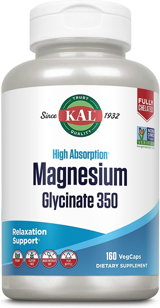KAL Magnesium Glycinate Capsules, Fully Chelated Magnesium Bisglycinate, High Absorption Magnesium Supplement, Healthy Bones, Muscle, Relax and Stress Support, Non-GMO 160 count
