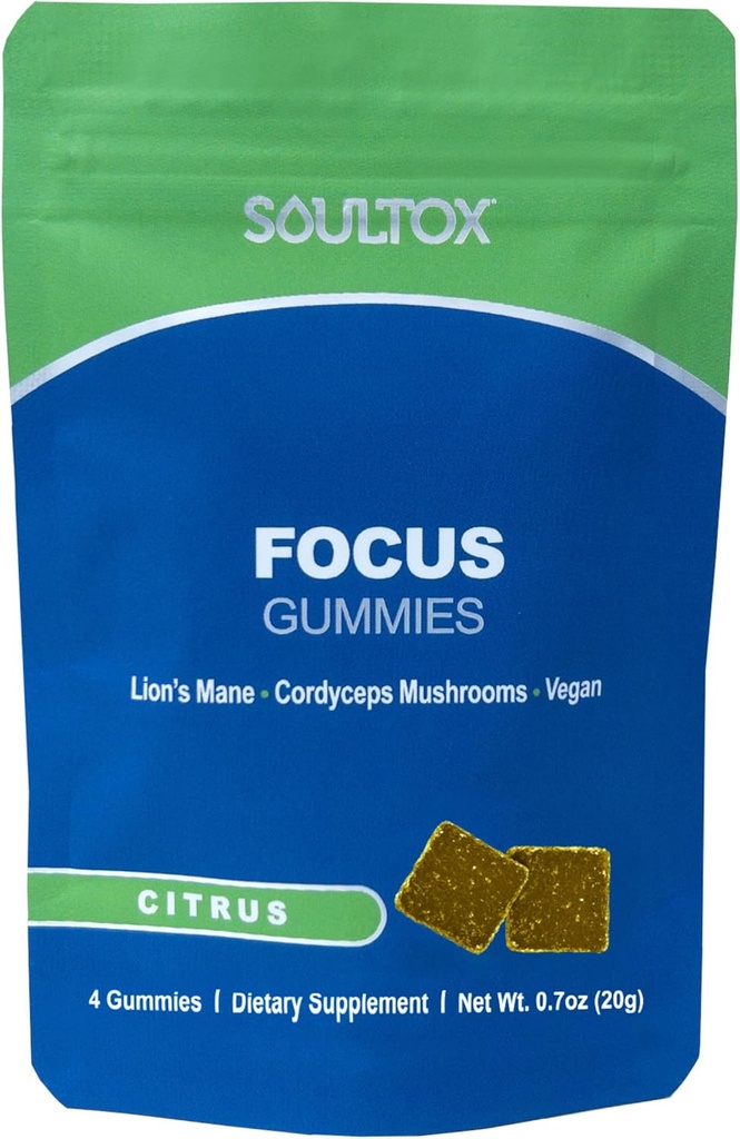 Soultox Focus Mane Gummies de León - Citrus Flavor - Fórmula Vegan con los leones orgánicos Mane y Cordyceps - Mejorar la memoria, el foco y la energía - Citrus Flavor - Single Pack