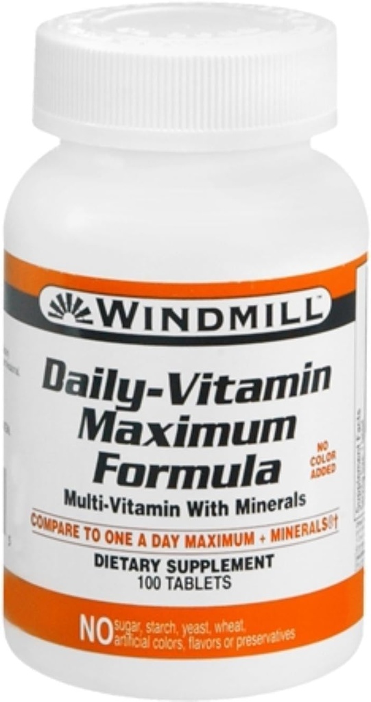 Productos de salud de molinos de viento Daily Vitamin Maximum Fórmula, Soporte nutricional, Multivitamínicos y Minerales, 100 Servimientos, 100 Cuenta