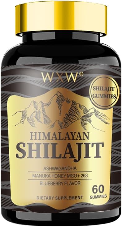 WXW Himalayan Shilajit Gummies, 60 Conde, Blueberry Flavor, soporta después de la recuperación de entrenamiento, sistema inmunológico, digestión, mente & memoria, corazón sano, habilidades cognitivas (1 Botella, Shilajit de oro)