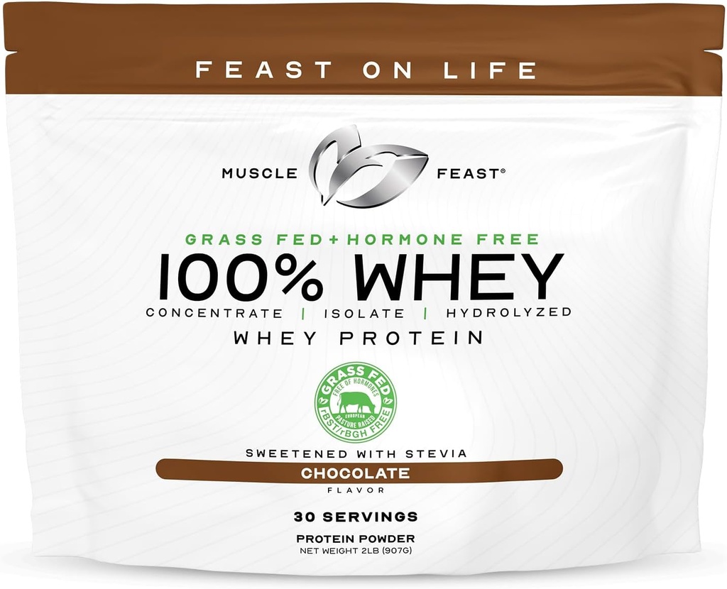Muscle Feast 100% Grass Fed Whey Protein Powder, All Natural Hormone Free Paure Raised Whey Protein Powder for Women ' Men- Whey Concentrate, Isolate & Hydrolyzed Protein Powder Blend - Chocolate, 2lb