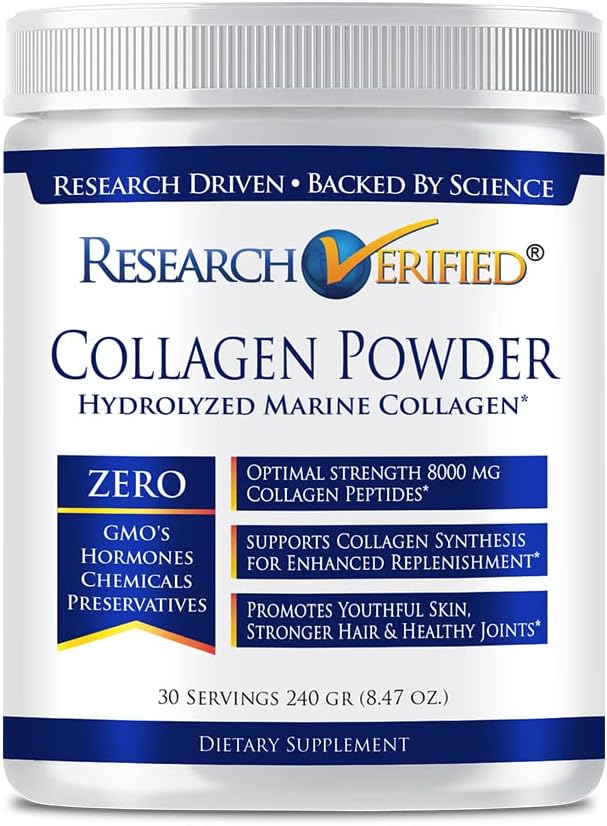 Investigación Verified® Collagen Powder - Collagen marino hidrolizado - Sin sabor - Hidratación de la piel y elasticidad, recuperación del músculo, no GMO - 30 Scoops Por contenedor - 1 mes de suministro
