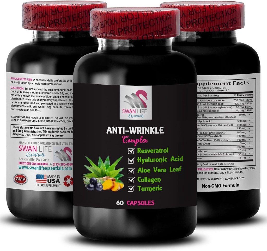 Beneficios de la hoja de Aloe Vera - Complejo antirrugas - Fórmula de la textura de Smooth, Glycine 100 Soporte, Potencia Turmérica, Acción antirrugas, Fórmula de calma, Resiliencia Soporte 1 Botella 60 cápsulas