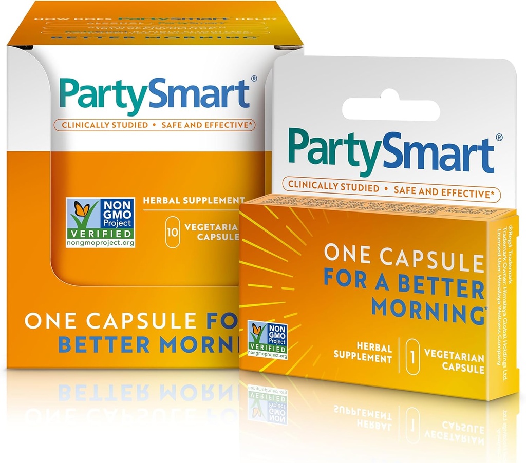 Himalaya PartySmart, 10 Individual Capsules - Alcohol Breakdown Liver Support for a Better Morning After Drinking - Plant Based, Vegan, Non-GMO, Gluten Free, Clinically Studied