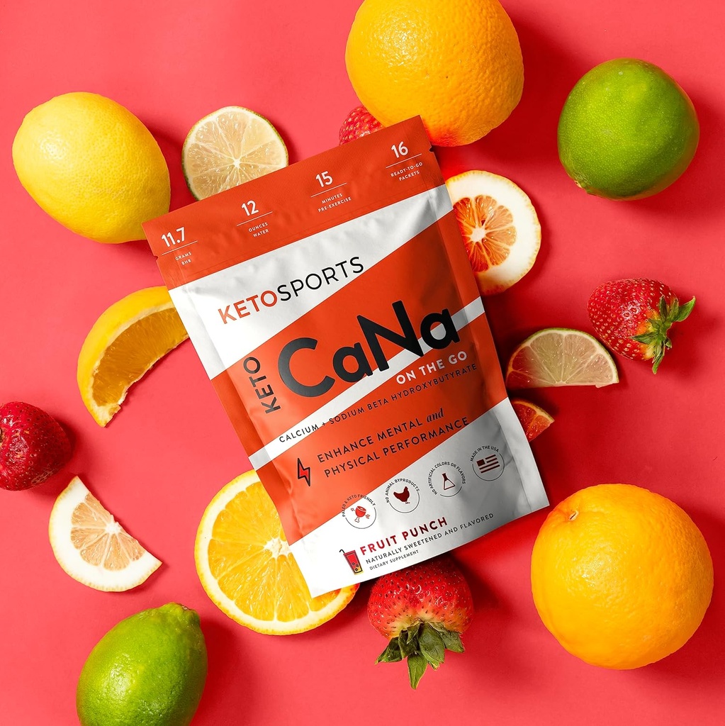 KetoSports New KetoCaNa GO (Fruit Punch) Single Serve Dietary Ketone Suplemento para el rendimiento físico y mental, Keto y Paleo-Friendly, Naturalmente Endulzado y Saborizado 16 Stick Packs