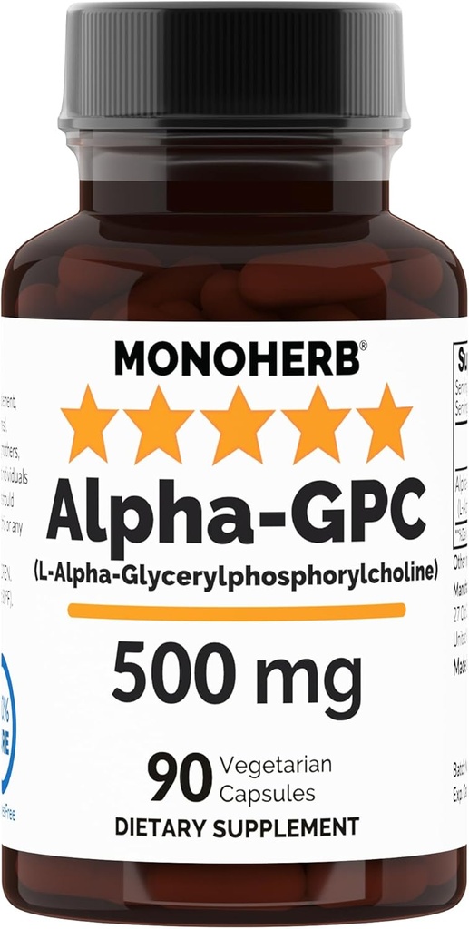 MONOHERB Alpha-GPC 500 mg - 90 cápsulas Vegan, Nootropic for Brain Support, Focus, Memory, Motivation, and Energy