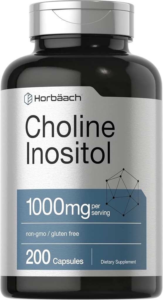 Horbaach Choline Inositol 1000mg Suplemento Silencio 200 Capsules ← Non-GMO, Gluten Free