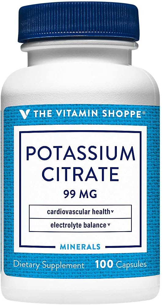 El Citrato de Potasio de Vitamina Shoppe 99MG, soporta la salud cardiovascular y celular (100 cápsulas)