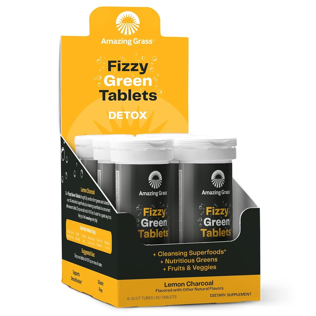 Amazing Grass Fizzy Green Tablets Detox Lemon Charcoal: Water Flavoring Tablet with Detoxifying Greens & Antioxidants, 60 Count