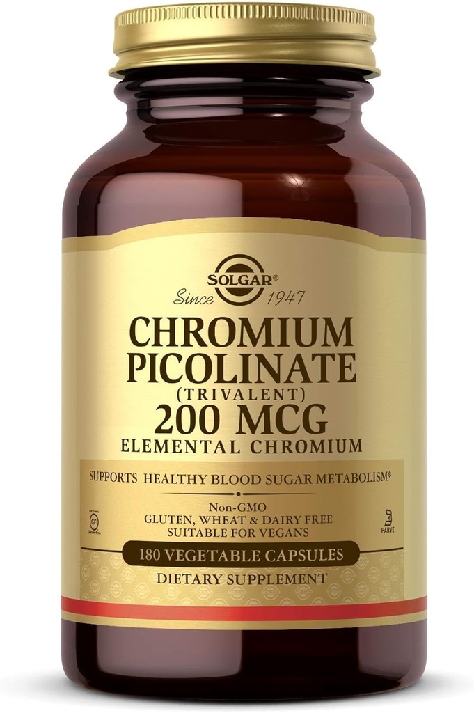 Solgar Chromium Picolinate 200 mcg, 180 cápsulas vegetales - Soportes Metabolismo saludable de azúcar en sangre - No GMO, Vegan, Gluten Gratis, Dairy Free, Kosher - 180 Servimientos
