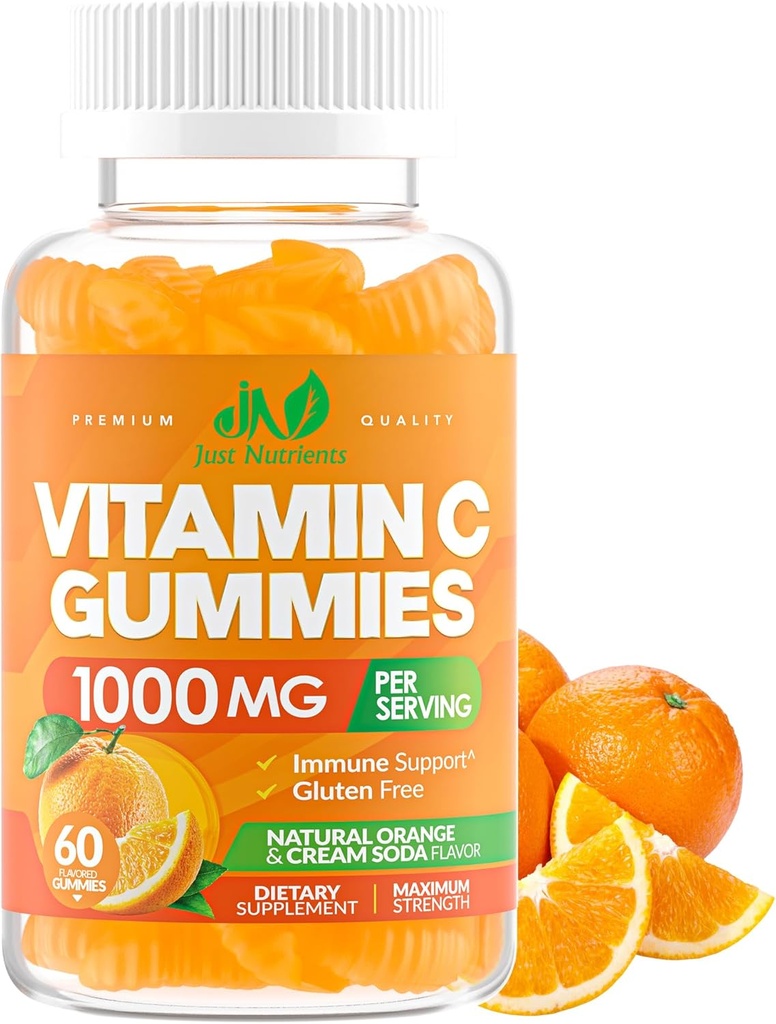 Vitamina C Gummies 1000mg para Adultos &amp; Niños – Multivitamina Chewable con zinc para sistema inmunitario &amp; Collagen Soporte para la piel – sabor a naranja – Gluten Gratis, No GMO, Vegetariano – 60 Gummies