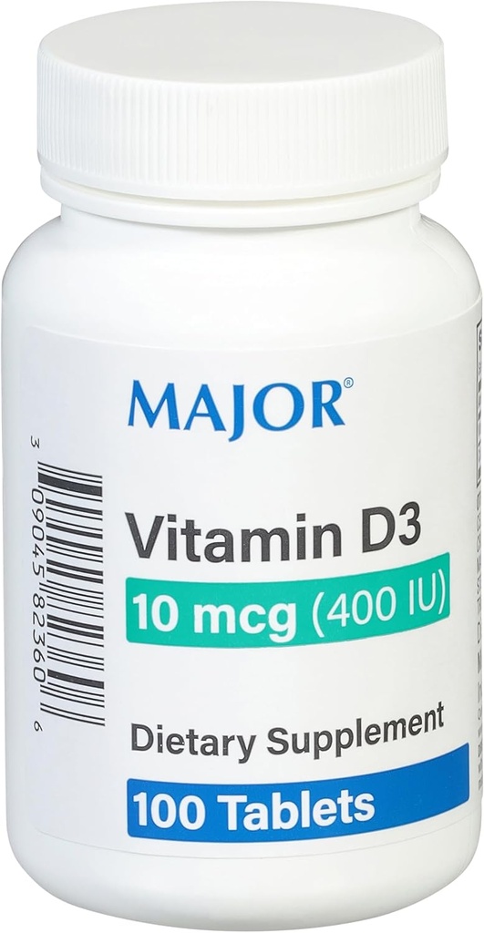 MAJOR Vitamina D3 10mcg (400 UI) - Contiene 25 mg de calcio - Suplemento dietético - 100 Tabletas (1 Pack)