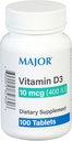 MAJOR Vitamina D3 10mcg (400 UI) - Contiene 25 mg de calcio - Suplemento dietético - 100 Tabletas (1 Pack)