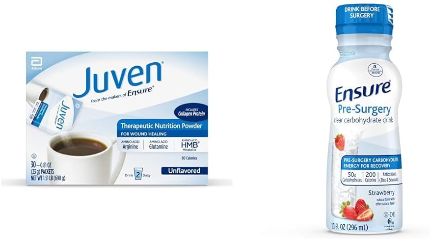 Juven Therapeutic Nutrition Drink Mix Powder for Wound Healing Support, Includes Collagen Protein, Unflavored, 30 Count & Ensure Pre-Surgery, Clear Carbohydrate Drink, Strawberry, 10 Fl Oz (Pack of 4)